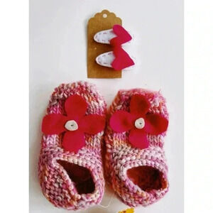 Children’s Handmade Baby Slippers with felt flowers and Matching Heart Barrettes